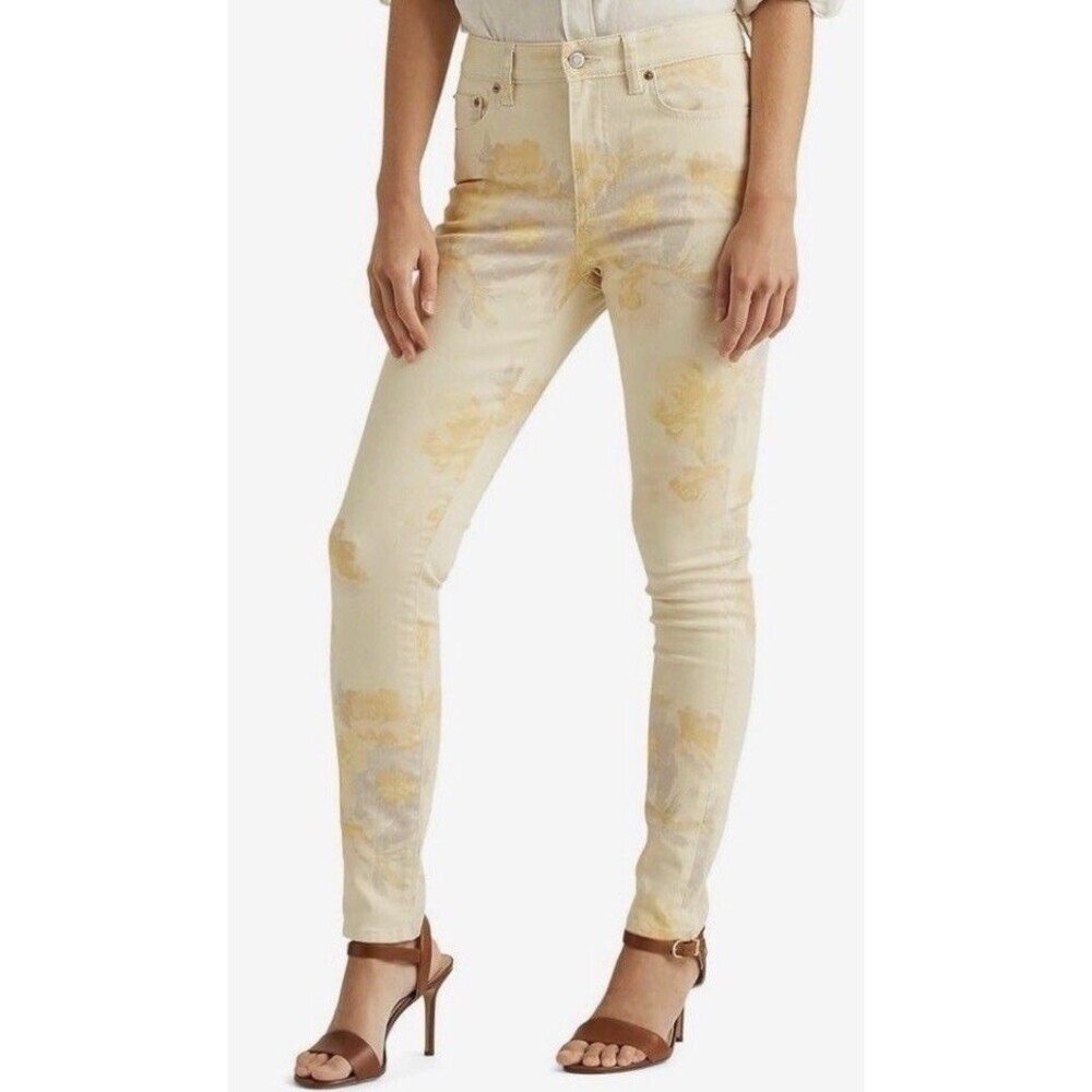 LAUREN RALPH LAUREN Women's Yellow Floral High-Rise Skinny Ankle Jeans 16 Cotton